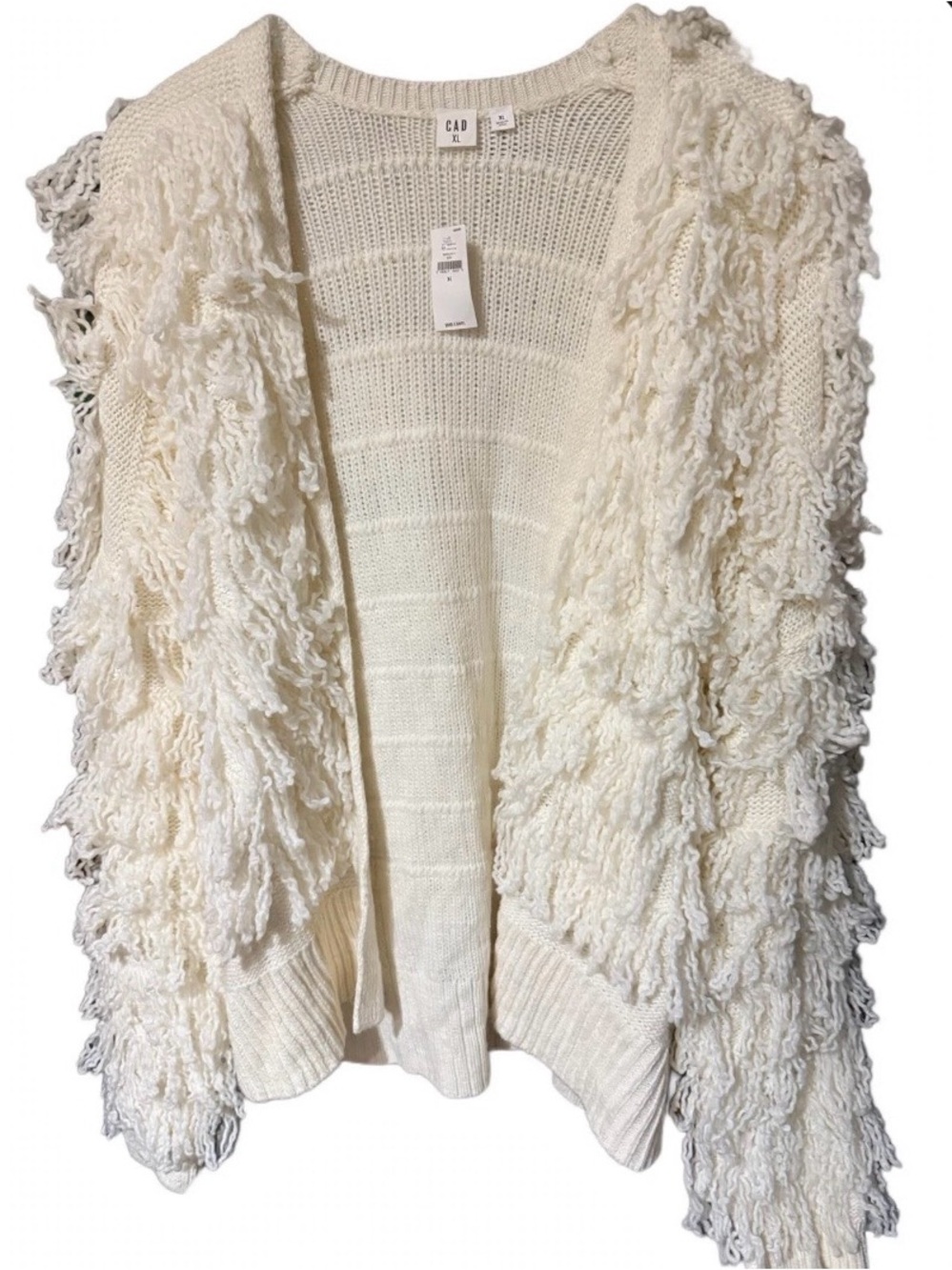 Gap NWT Cream Shaggy Fringe Open Front Cardigan Sweater Size XL